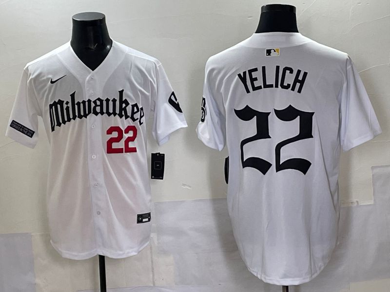 Men 2025 Milwaukee Brewers #22 Yelich White Five generations Joint Name Nike MLB Jersey style 06
